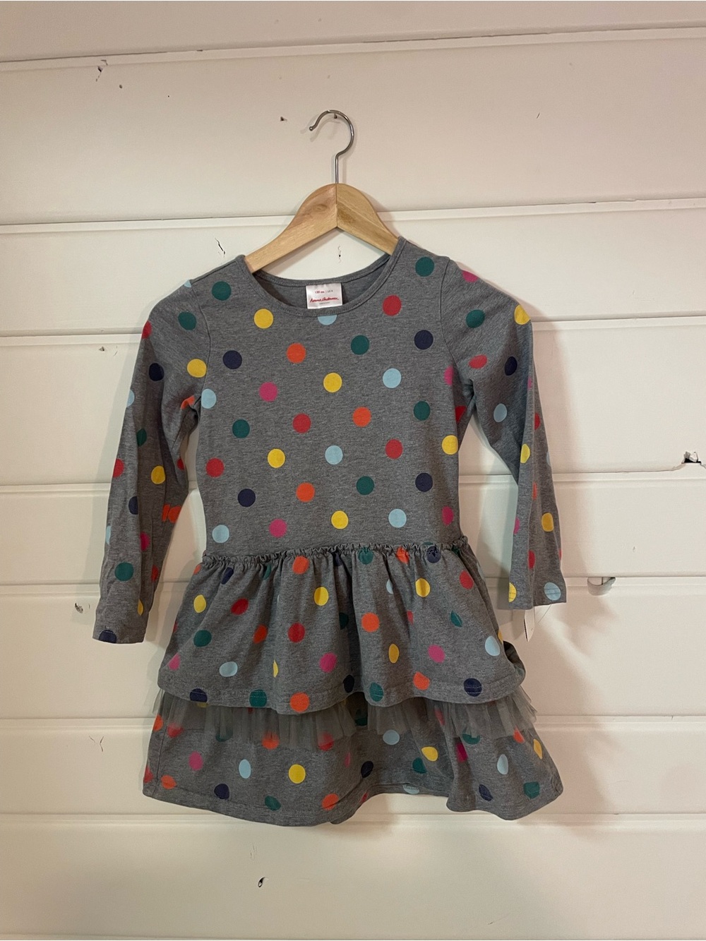 Hanna Andersson Heather Gray Long-Sleeve Multi Polka Dot Tiered Dress